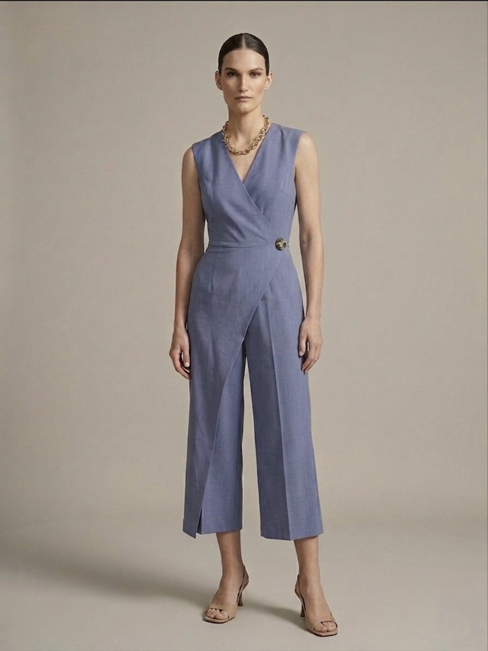 Oak + Fort Slate Blue Asymmetric Wrap Jumpsuit M